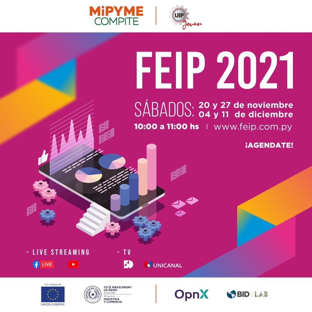 🚀 &iexcl;El encuentro de emprendedores m&aacute;s grande del pa&iacute;s te espera en su edici&oacute;n online 2021!
Conectate mayor evento de innovaci&oacute;n y competitividad, con expositores referentes en el rubro que te ayudar&aacute;n a potenciar tus conocimientos en el mundo de los emprendimientos.
📅 Sumate a la transmisi&oacute;n los d&iacute;as:
20 y 27 de noviembre
4 y 11 de diciembre
🕓 De 10:00 a 11:00hs.
▶️ Registrate en la p&aacute;gina web www.feip.com.py
#FEIP2021 #FEIP #Emprendedores #ConectatealFEIP #FEIPOnline